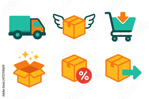 Vibrant Free Shipping Icons. Free Shipping Icons icons in modern flat : delivery truck with free label, package with wings, shopping cart with arrow,
