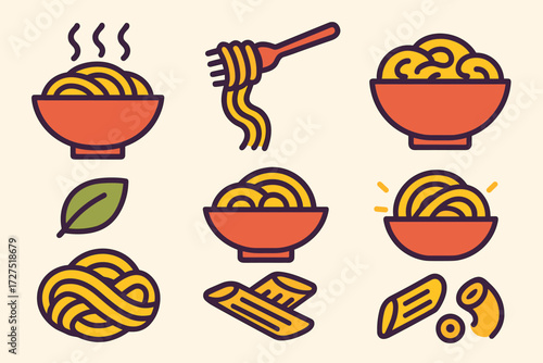 Vibrant Pasta Icons. Pasta Bowl icons in modern flat : steaming pasta in bowl, fork twirling spaghetti, macaroni dish icon, glowing noodle bowl,