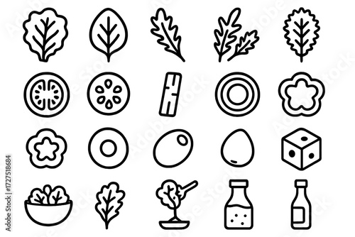 Salad Icon Set. Salad Mix Icons icons in outline style: lettuce leaf, spinach leaf, arugula sprig, kale leaf, tomato slice, cucumber slice, carrot