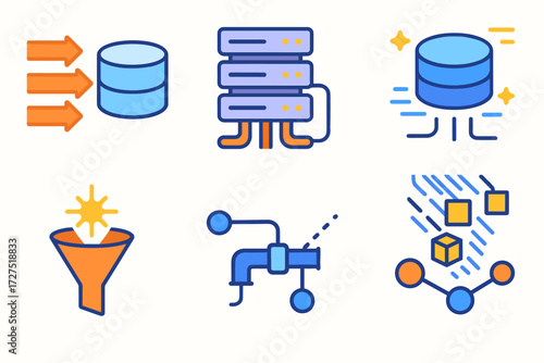Colorful Data Pipeline Icons. Data Pipeline icons in modern flat : flowing arrows into cylinder, stacked servers with pipes, glowing database icons,