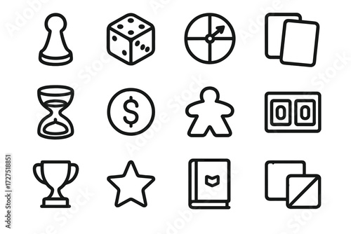 Board Game Icons. Board Game Tokens icons in outline style: pawn, dice, spinner, card stack, hourglass, coin, meeple, scoreboard, trophy, star,