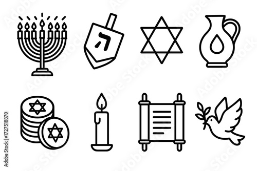 Hanukkah Icons Collection. Hanukkah Symbols icons in outline style: menorah shining, dreidel spinning, Star of David icon, oil pitcher, gelt stack,