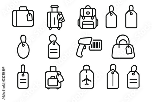Travel accessories linear icon set. featuring luggage, suitcase, backpack, tag, barcode, and scanner symbols