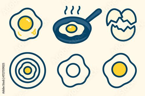 Modern Fried Egg Icons. Fried Egg icons in modern flat : bright yellow yolk, egg frying in skillet, crispy white edges glowing, cracked egg shell,