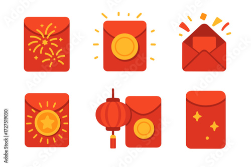 Festive Envelope Icons. Festive Red Envelopes icons in modern flat : envelope with fireworks, glowing lucky envelope, envelope with confetti,