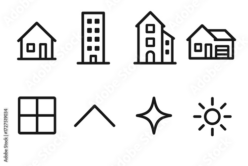Residential Icon Set. Residential Unit icons in outline style: single-family house, high-rise apartment, condo building, suburban home, window detail