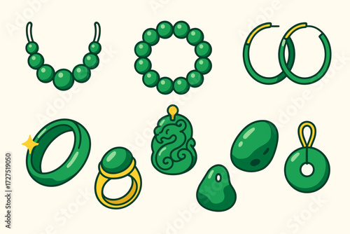 Vibrant Jade Jewelry Icons. Jade Jewelry icons in modern flat : jade necklace, jade bracelet beads, carved jade pendant, jade hoop earrings, jade