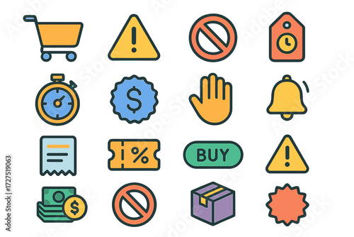 Shopping and sale flat icon set. featuring cart, warning, discount, tag, clock, stopwatch, dollar, and price symbols