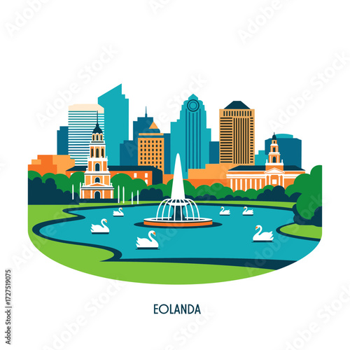 Stylized vector illustration of Lake Eola Park featuring the iconic fountain swimming swans and a colorful city skyline.