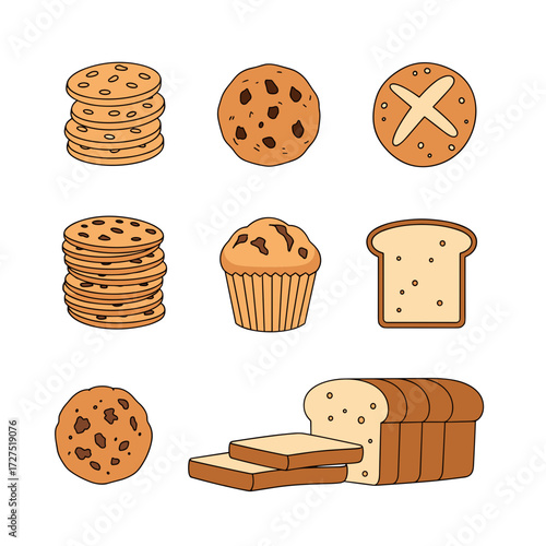 Stylized vector illustration of assorted baked goods chocolate chip cookies muffin bread pretzel bun.