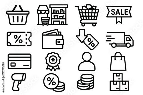 Shopping Icon Collection. Shopping Rush Icons icons in outline style: shopping basket, store aisle, overflowing cart, sale banner, coupon ticket,