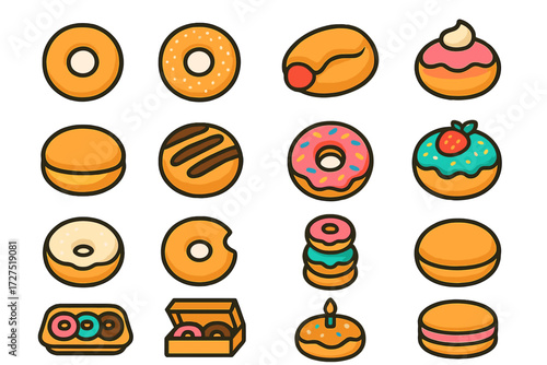 Colorful Donut Icons. Donut Variety Icons icons in modern flat : plain donut, sugared donut, jam-filled pastry, cream-topped donut, custard donut,