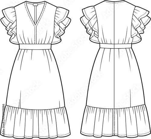 Elegant midi dress, double layer ruffle sleeve, V-neckline, waist belt, gathered hem panel, front and back flat sketch vector