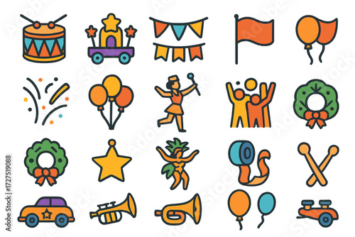 Celebration flat icon set. featuring drum, parade float, bunting, flags, balloons, fireworks, and wreath symbols
