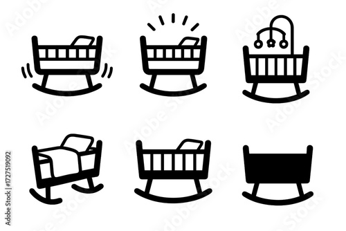 Cradle Rock Icon. Cradle Rock icons in outline style: baby cradle with curved base, rocking motion lines, glowing icon, mattress and blanket, mobile