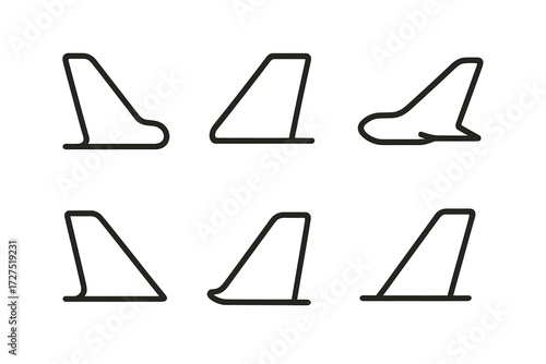 Airplane silhouette icon set. featuring tails of different aircraft types.