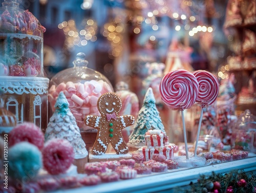 Colorful holiday candy display featuring gingerbread, lollipops, and festive treats in a charming shop window
