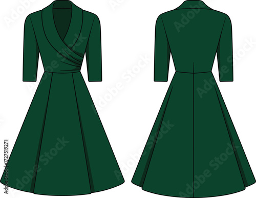 Elegant women’s wrap dress flat sketch, midi flared style with V-neck, half sleeves, technical fashion illustration front and back