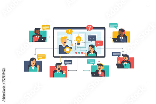Illustration of a virtual meeting with diverse participants connected through a central screen displaying ideas and communication bubbles, representing remote collaboration.