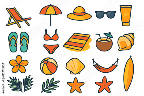 Beach Essentials Icons. Beach Sunbathing Icons icons in modern flat : reclining chair, striped umbrella, wide sunhat, sunglasses, sunscreen tube,