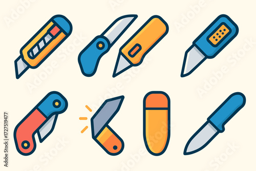 Modern Utility Knife Icons. Utility Knife icons in modern flat : retractable cutter knife, folding knife tool, angled cutting edge, utility blade