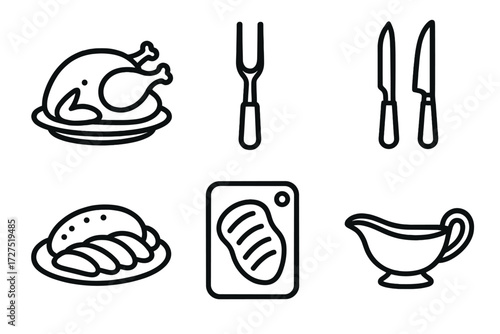 Turkey Carving Icons. Turkey Carving Essentials icons in outline style: whole roasted turkey, carving fork, carving knife, sliced turkey platter,