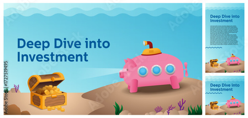 A Set of Template Deep Dive into Investment Piggy Bank Submarine Looking for Treasure Chest Full of Coins