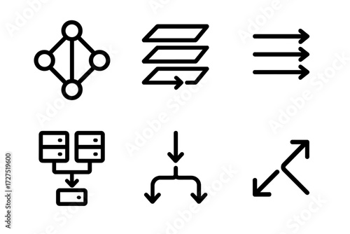 Data Flow Icons. Complex Data Flow icons in outline style: multi-node network, layered flow diagram, data stream arrows, server cluster flow,