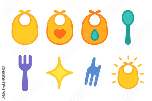 Vibrant Baby Bib Icons. Baby Bib icons in modern flat : feeding bib, bib with heart, bib with droplet, baby spoon symbol, fork icon, glowing glow,