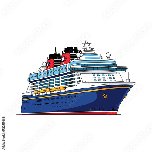 Stylized cartoon cruise ship with a dark blue hull yellow trim and prominent red funnels.