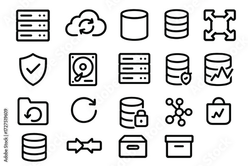 Technology linear icon set. featuring server, cloud, backup, database, and security symbols