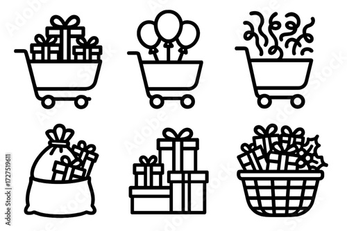 Festive Cart Icons. Festive Cart Overflow icons in outline style: holiday cart with gifts, cart with balloons, cart overflowing with ribbons,