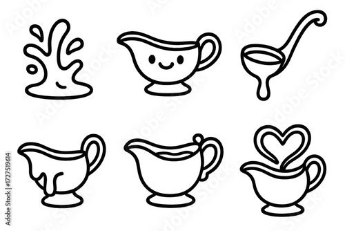 Playful Gravy Icons. Playful Gravy Boat icons in outline style: cartoon gravy splash, smiling gravy boat, oversized ladle with gravy, dripping sauce