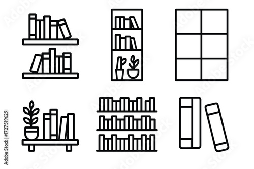 Bookshelf Icons Collection. Bookshelf Wall Icons icons in outline style: stacked books on shelves, tall bookshelf, empty shelf grid, decorative shelf