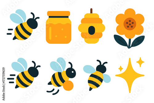 Busy Bee Icons. Busy Bee icons in modern flat : flying bee, honey jar, hive icon, flower blossom, buzzing motion, bee with pollen, glowing spark,