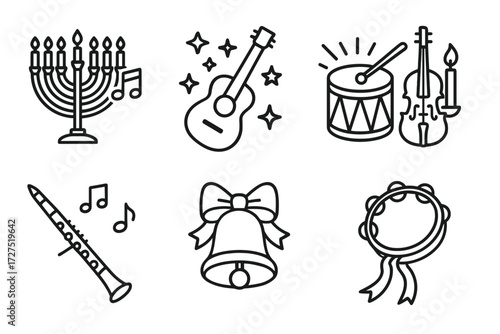 Hanukkah Musical Symbols. Hanukkah Music icons in outline style: glowing menorah with melody, guitar with stars, drum glowing, violin with candle