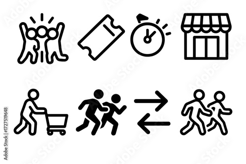 Energetic Shopping Icons. Crowd Rush icons in outline style: energetic crowd, ticket stub, flashing timer, store entrance, shopping push, silhouettes
