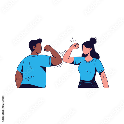 Diverse man and woman in blue shirts performing a safe elbow bump greeting flat vector illustration.
