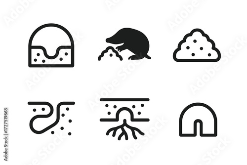 Mole Tunnel Icons. Mole Tunnel Icons icons in outline style: tunnel cross-section, mole digging, soil mound, underground passage, tunnel with roots,