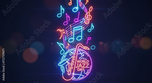 A luminous neon art piece for a world music celebration, showcasing a saxophone encircling the globe with musical symbols