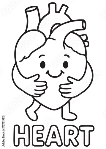 coloring book heart hugging itself with smile, anatomy illustration for kids, black white line art positive activity