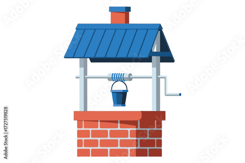 Illustration of a water well with a blue roof and red brick base, a structure used for extracting groundwater with a bucket and pulley