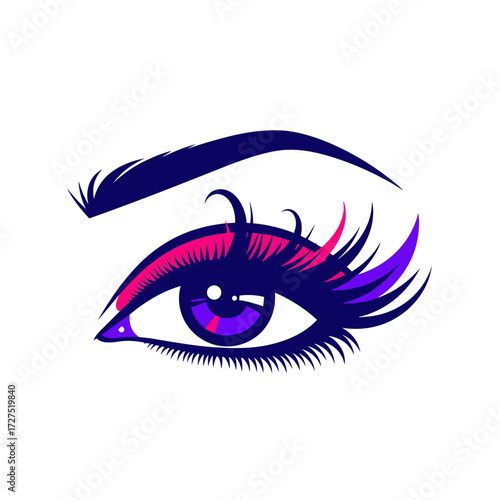 Stylized Eye with Bold Lashes and Vibrant Purple and Pink Colors.