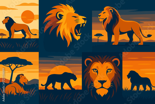 Savanna Lion Icons. Savanna Lion icons in modern flat : savanna horizon with lion, roaring mane glowing, lion standing tall, lion resting beneath