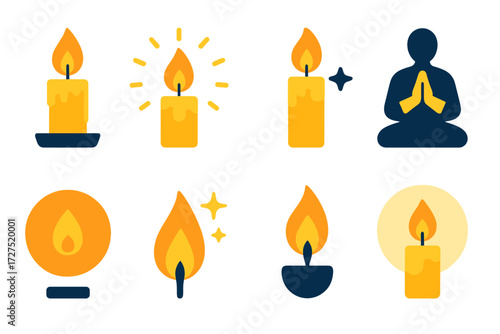 Vibrant Candle Icons. Candle Blessing icons in modern flat : wax candle, flame aura, candle with star, prayer icon, glowing circle, spark light,
