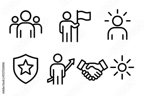 Team Leader Icons. Team Leader icons in outline style: leader figure, group symbol, raised flag, shining star, badge icon, upward growth arrow,