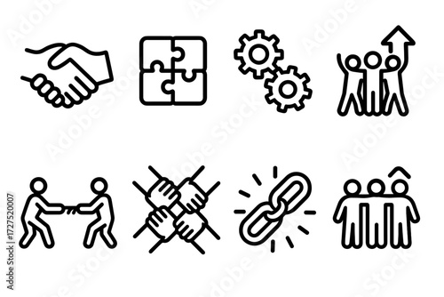 Teamwork Symbols Collection. Joint Effort icons in outline style: clasped hands, puzzle joined, gears working in sync, group lifting symbol, rope tug