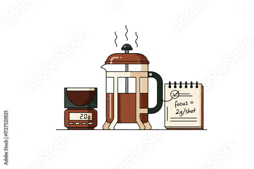 French press coffee brewing process, with timer and notes.