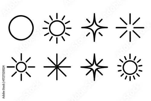 Sun Flare Icons. Sun Flare icons in outline style: glowing circle, radiant sun, solar sparkle, light burst, shining orb, flare beams, star glow,