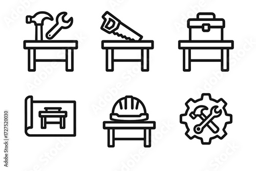 Workshop Icon Set. Toolbox Workshop Bench icons in outline style: bench with hammer and wrench, bench with saw, toolbox on bench, blueprint with